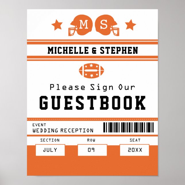 Orange Football Ticket Wedding Guestbook Sign (Front)