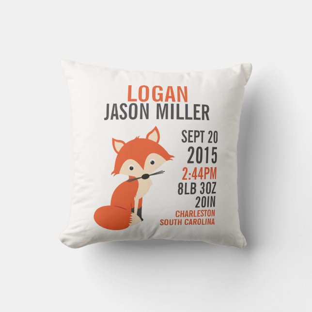 Orange Fox Birth Announcement Nursery Pillow (Front)