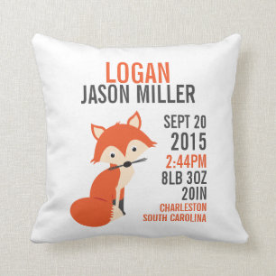Orange Fox Birth Announcement Nursery Pillow