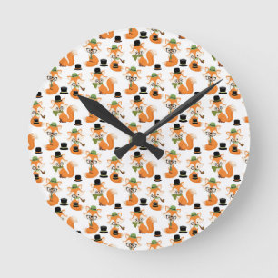 Orange Fox Black Hat Nerd Hipster Glasses Foxes Round Clock