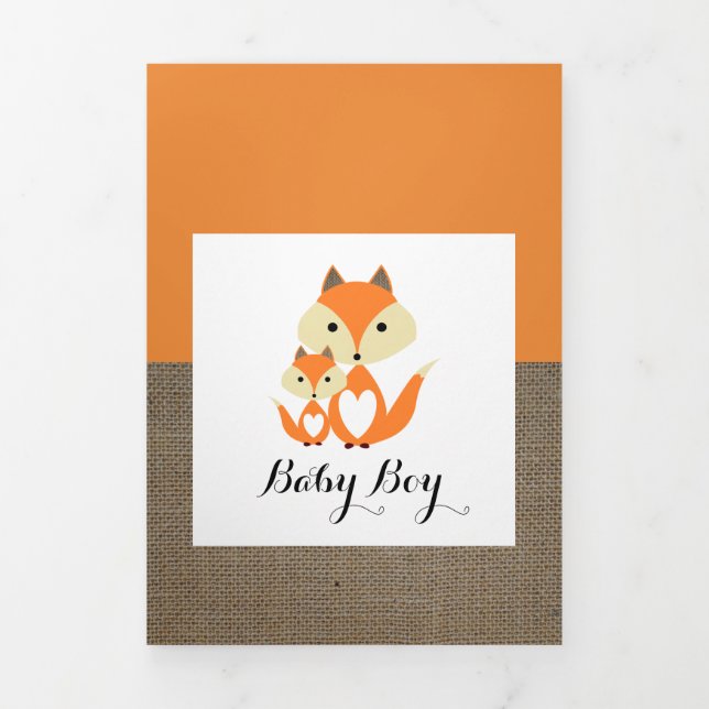 Orange Fox Burlap, 5 Photo Collage Baby Birth Tri-Fold Announcement (Cover)