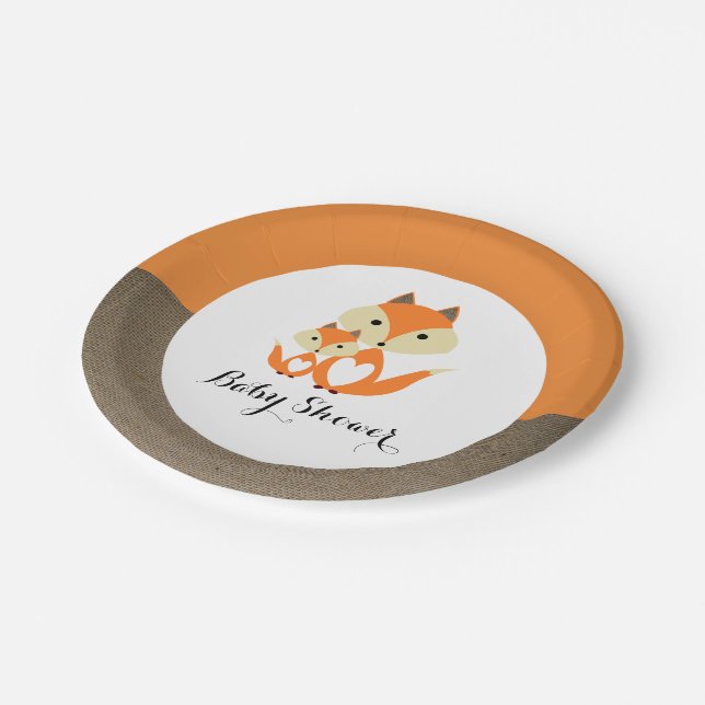 Orange Fox Burlap Baby Shower Paper Plate (Angled)