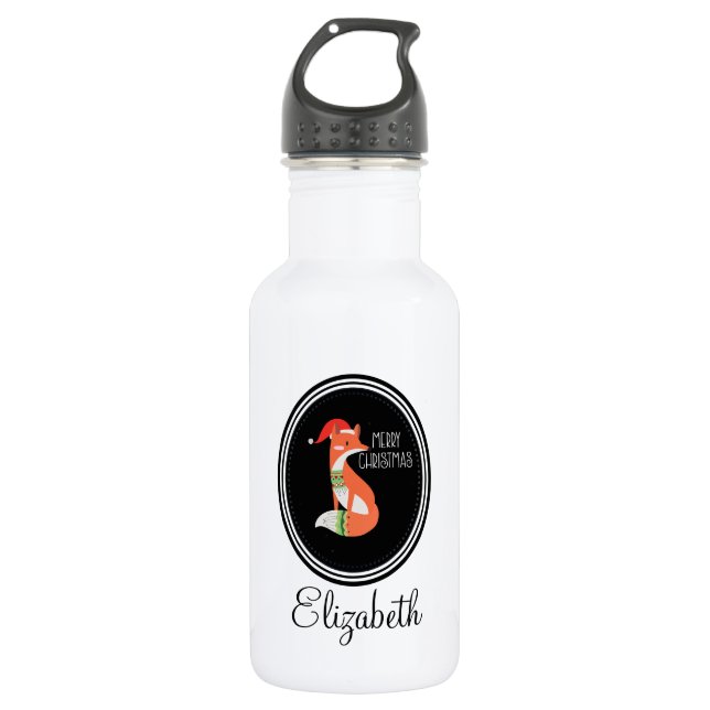 Orange Fox in Red Santa Hat Merry Christmas 532 Ml Water Bottle (Front)