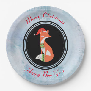 Orange Fox in Red Santa Hat Merry Christmas Paper Plate