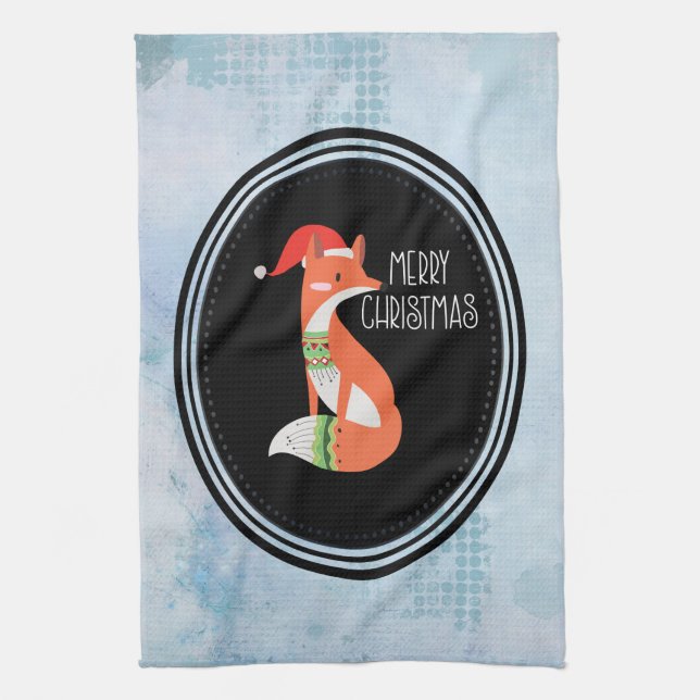 Orange Fox in Red Santa Hat Merry Christmas Tea Towel (Vertical)