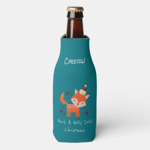 Orange Fox In Santa Hat Cute Whimsical Christmas Bottle Cooler