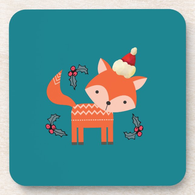 Orange Fox In Santa Hat Cute Whimsical Christmas Coaster (Front)