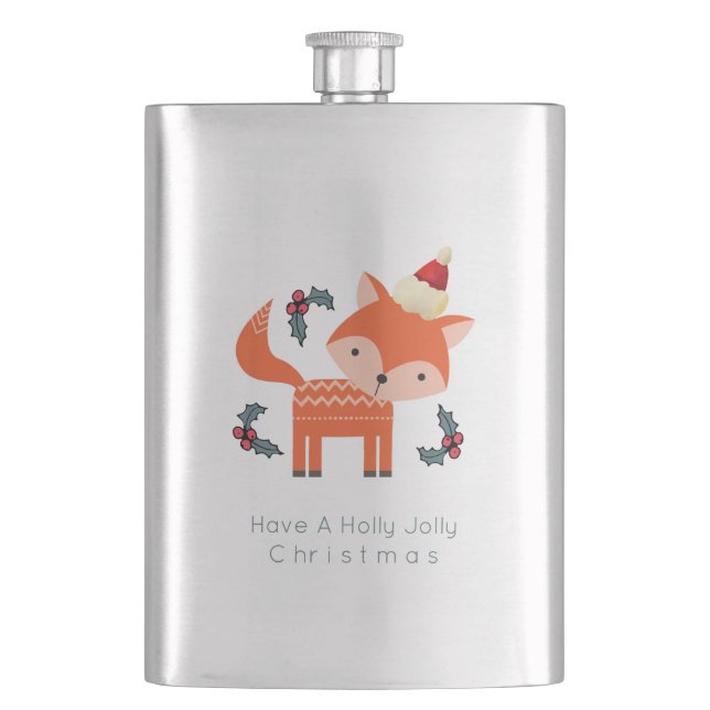 Orange Fox In Santa Hat Cute Whimsical Christmas Hip Flask (Front)