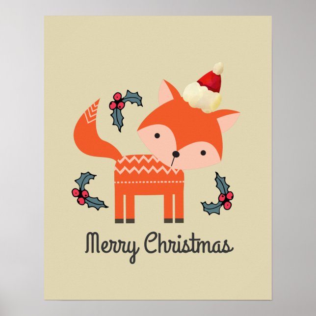 Orange Fox In Santa Hat Cute Whimsical Christmas Poster (Front)