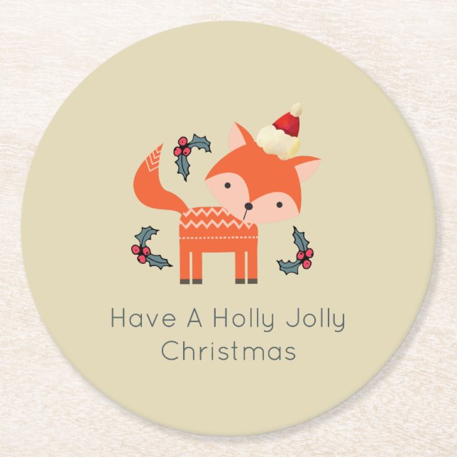 Orange Fox In Santa Hat Cute Whimsical Christmas Round Paper Coaster (Front)