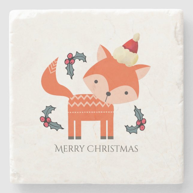 Orange Fox In Santa Hat Cute Whimsical Christmas Stone Coaster (Front)