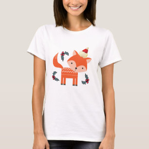 Orange Fox In Santa Hat Cute Whimsical Christmas T-Shirt