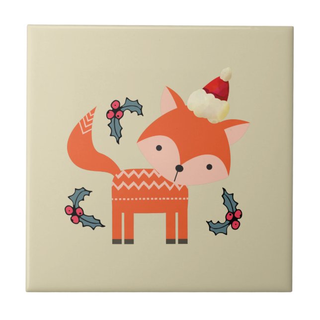 Orange Fox In Santa Hat Cute Whimsical Christmas Tile (Front)