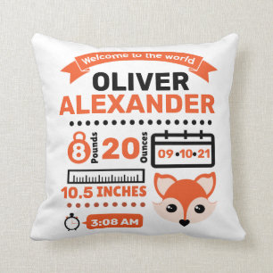Orange Fox Newborn Baby Birth Stats Cushion