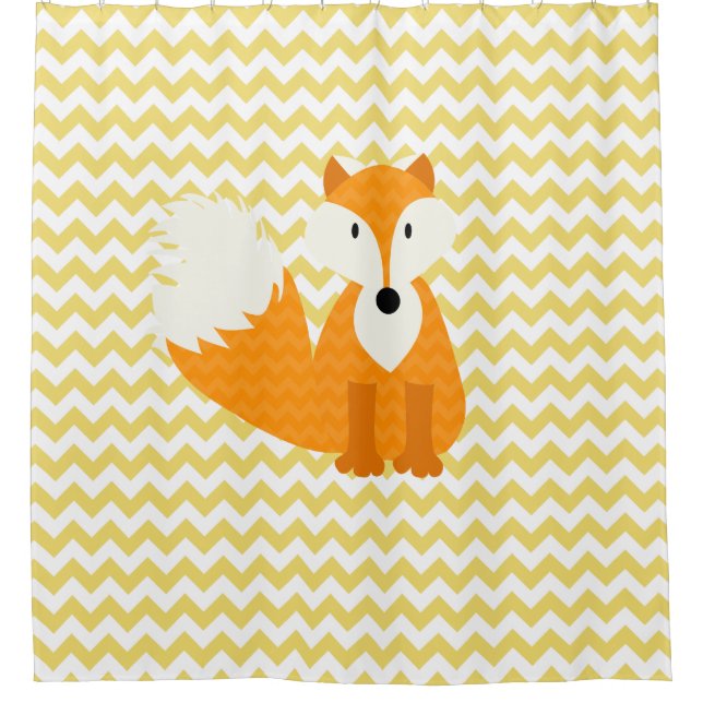 Orange Fox on Yellow Chevron Stripes Shower Curtain (Front)