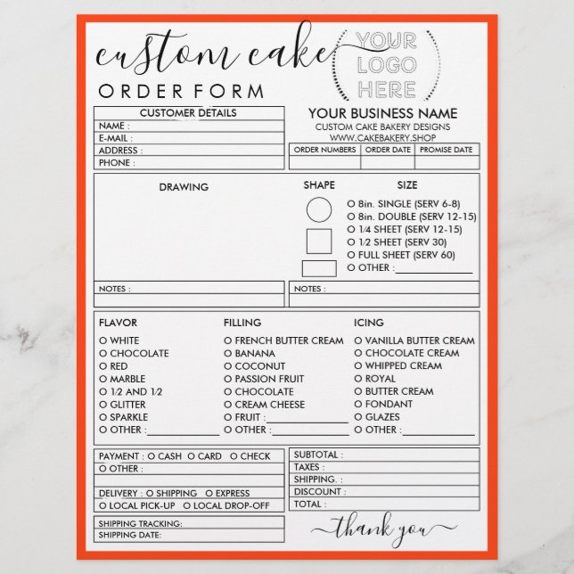 Orange Frame Simple Modern Bakery Cake Order Form Flyer (Front)