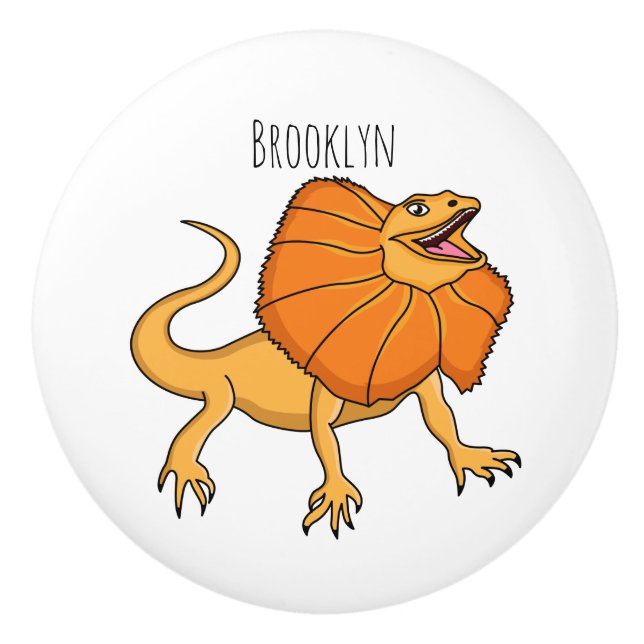 Orange frilled-neck lizard cartoon illustration ceramic knob (Front)