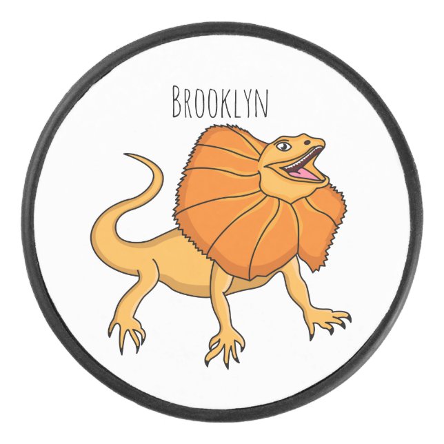 Orange frilled-neck lizard cartoon illustration hockey puck (Front)