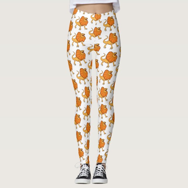 Orange frilled-neck lizard cartoon illustration leggings (Front)