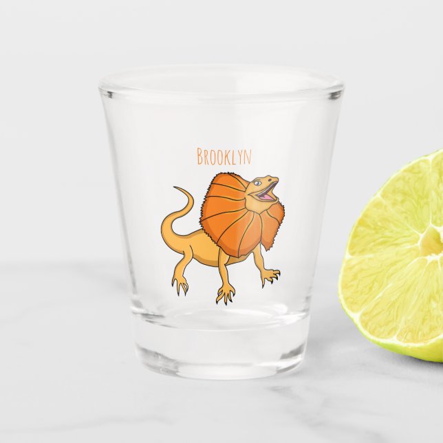 Orange frilled-neck lizard cartoon illustration shot glass (Front)