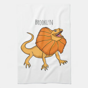 Orange frilled-neck lizard cartoon illustration tea towel