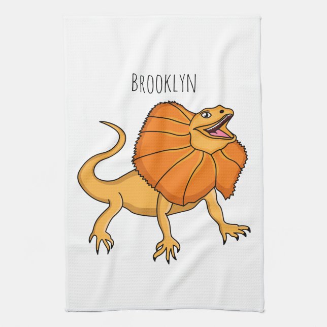 Orange frilled-neck lizard cartoon illustration tea towel (Vertical)