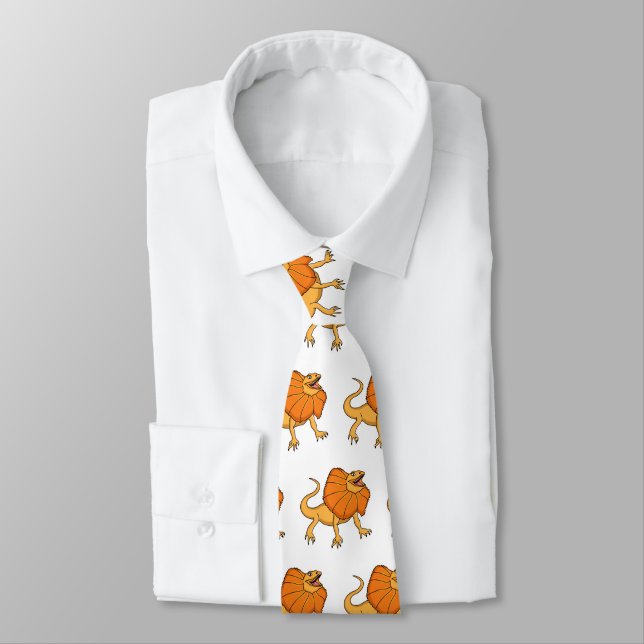 Orange frilled-neck lizard cartoon illustration tie (Tied)