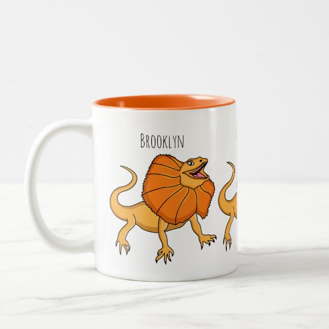 Orange frilled-neck lizard cartoon illustration  Two-Tone coffee mug (Left)