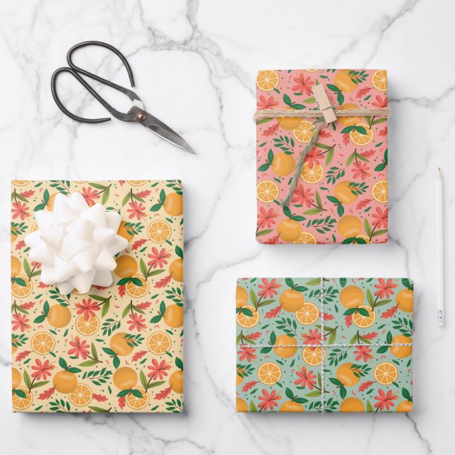 Orange Fruit and Flower Pattern Wrapping Paper Sheet (Front)