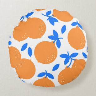 Orange Fruit: Exquisite Blue-Twigged Pattern. Round Cushion