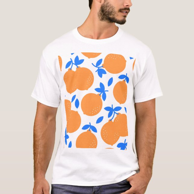 Orange Fruit: Exquisite Blue-Twigged Pattern. T-Shirt (Front)