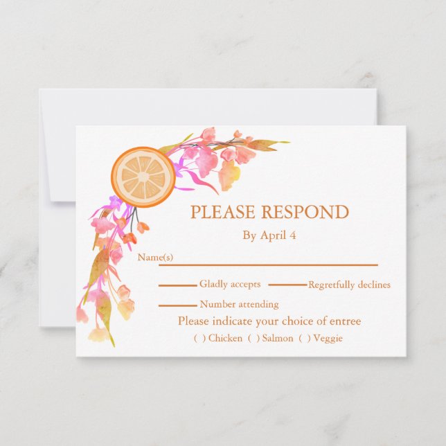 Orange Fruit Yellow Flowers Wedding RSVP Card (Front)