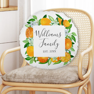 Orange Fruits and Flowers Summer Floral botanical Round Cushion