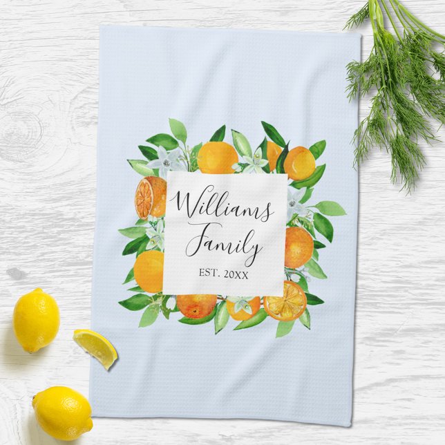 Orange Fruits and Flowers Summer Floral botanical Tea Towel (In situ)