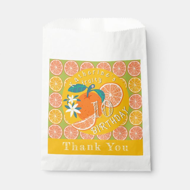 Orange Fruity 10th Birthday Green Favour Bags (Front)