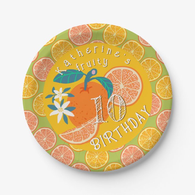 Orange Fruity 10th Birthday Paper Plate (Front)