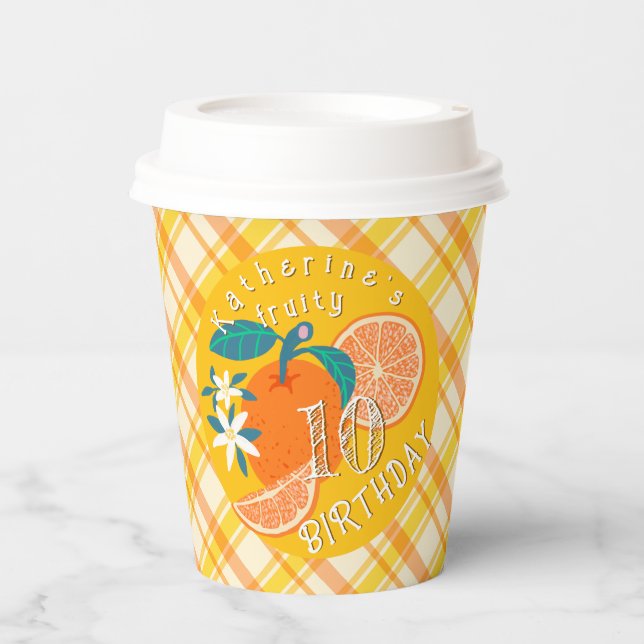 Orange Fruity 10th Birthday Plaid Paper Cups (Front)