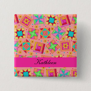 Orange Fuchsia Patchwork Quilt Blocks Name Badge