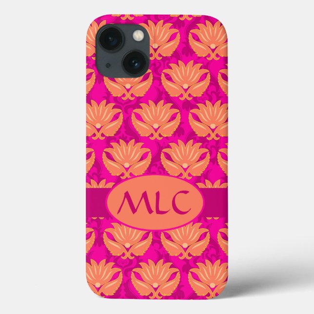 Orange Fuchsia Pink Art Nouveau Damask Monogram Case-Mate iPhone Case (Back)