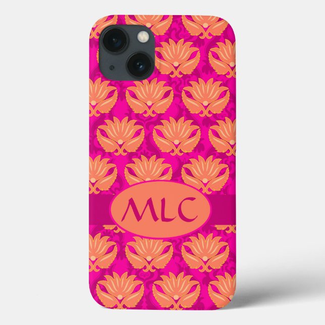 Orange Fuchsia Pink Art Nouveau Damask Monogram Case-Mate iPhone Case (Back)