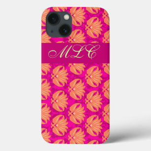 Orange Fuchsia Pink Art Nouveau Damask Monogram iPhone 13 Case
