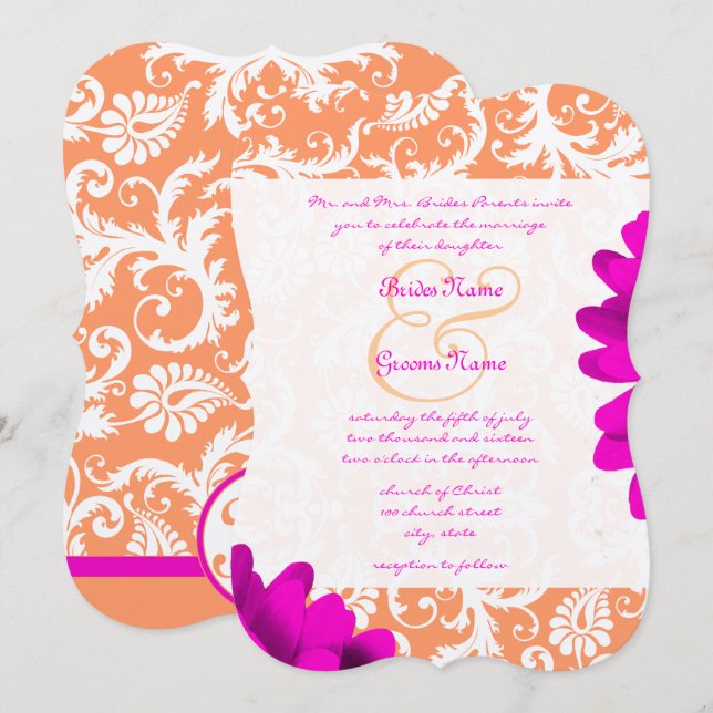 Orange & Fuchsia Pink Gerber Daisy Wedding Invitation (Front/Back)