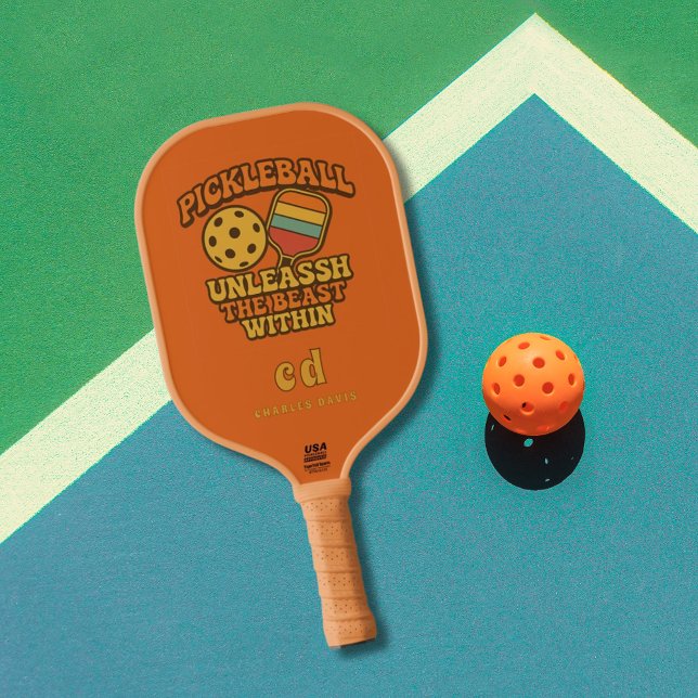 Orange fun quote retro monogram pickleball paddle (Creator Uploaded)