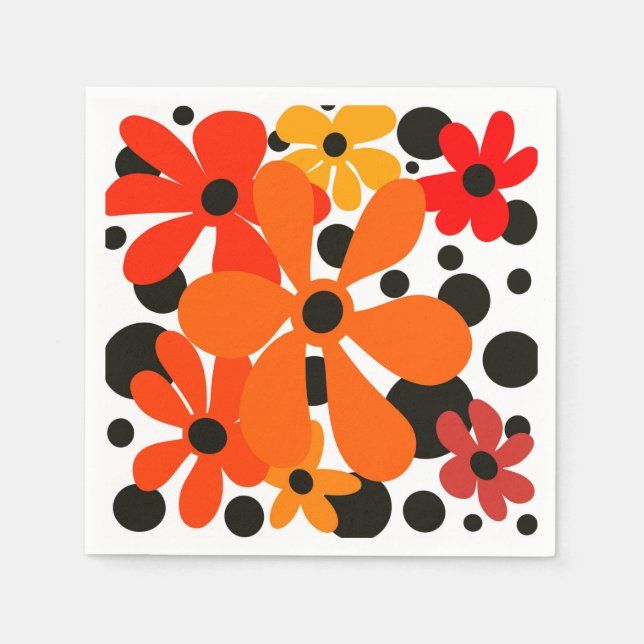 Orange funky flowers & black polka dots  napkin (Front)