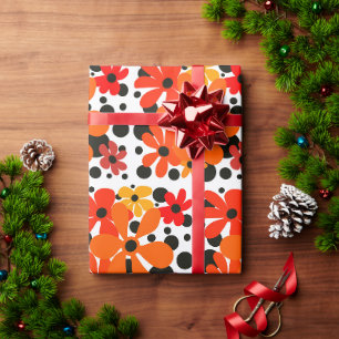 Orange funky flowers & black polka dots wrapping paper