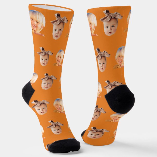 Orange Funny Custom 2 Face Photo Dad Socks (Angled)
