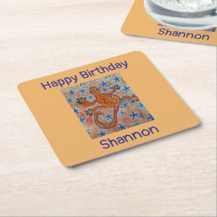 Orange Gecko Birthday Square Paper Coaster