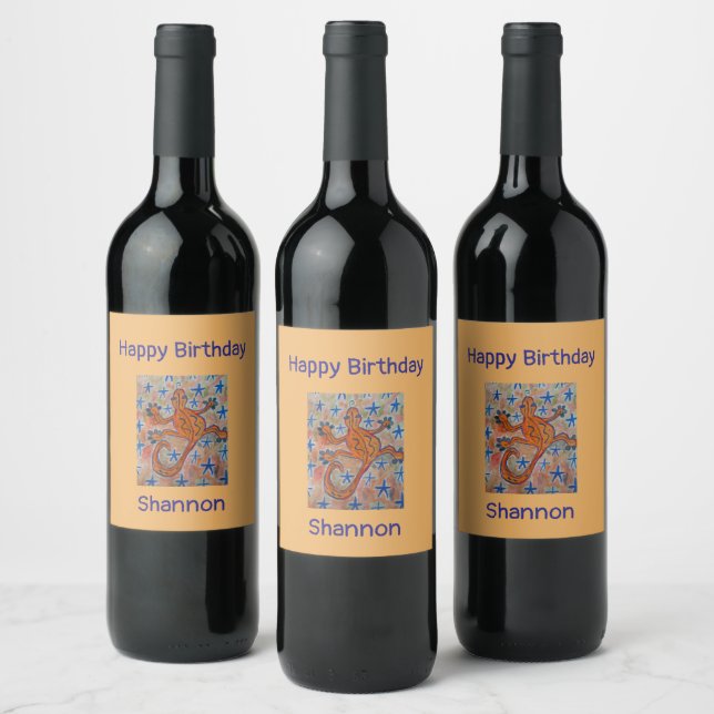 Orange Gecko Birthday  Wine Label (Bottles)