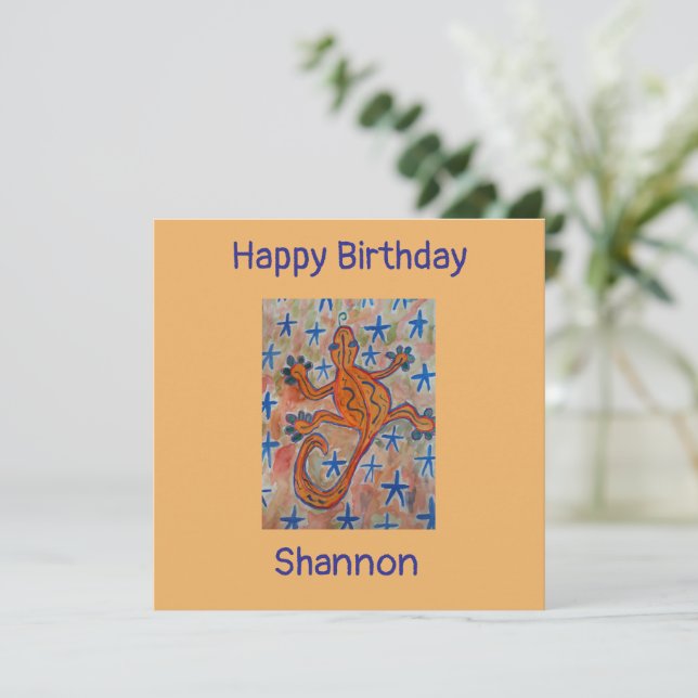 Orange Gecko Flat Birthday Card (Standing Front)