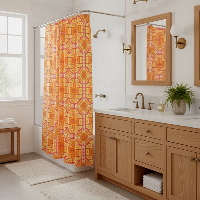 Orange Geometric Cross Style Shower Curtain (Bold, bright and colorful. Modern cheerful cross pattern design spruces up your bathroom instantly.)